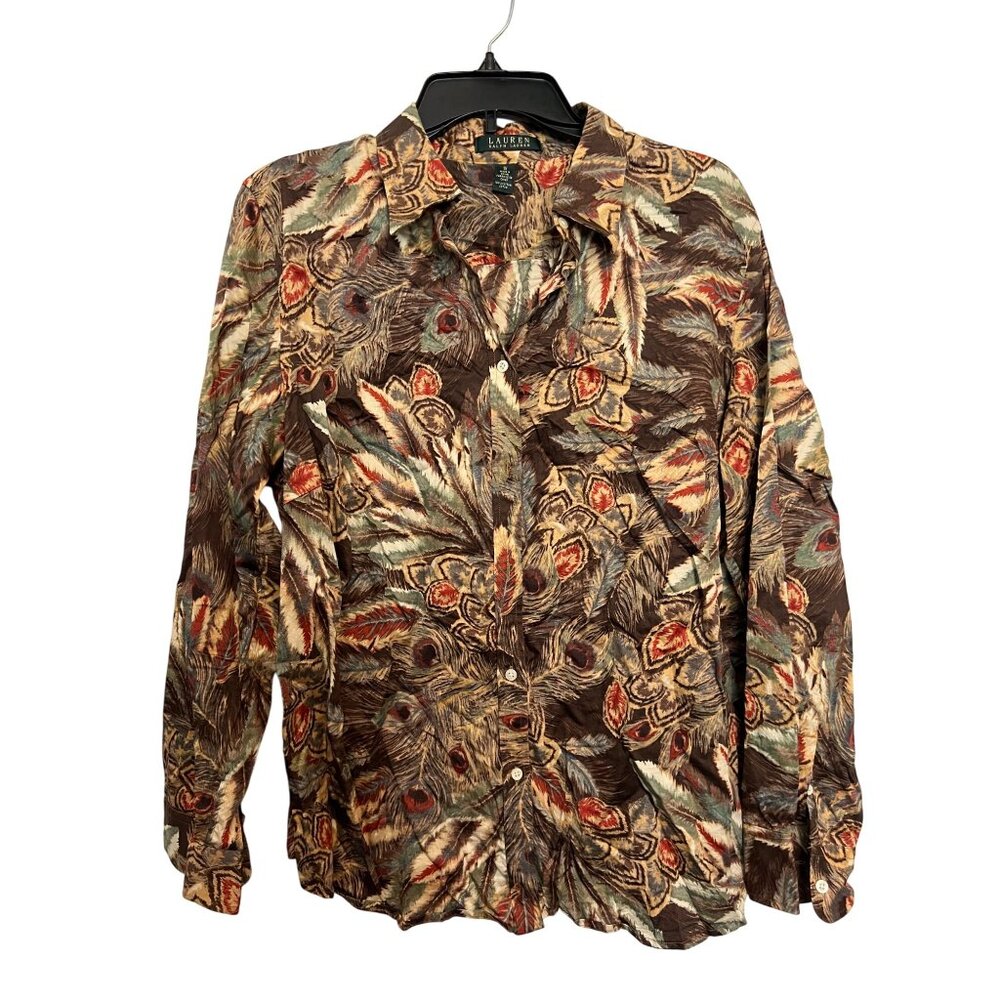 Lauren By Ralph Lauren Button Front Womens 1X Shirt Multicolor Feather Print Cot